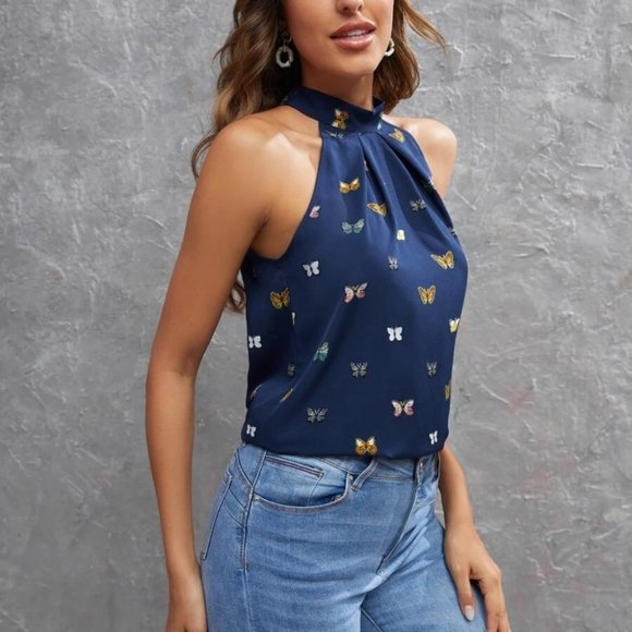 Blue Butterfly Print Tie Back Halter Top - Picture 3 of 5